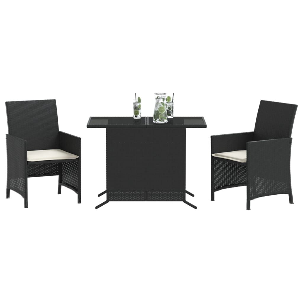 3 Piece Bistro Set with Cushions Black Poly Rattan