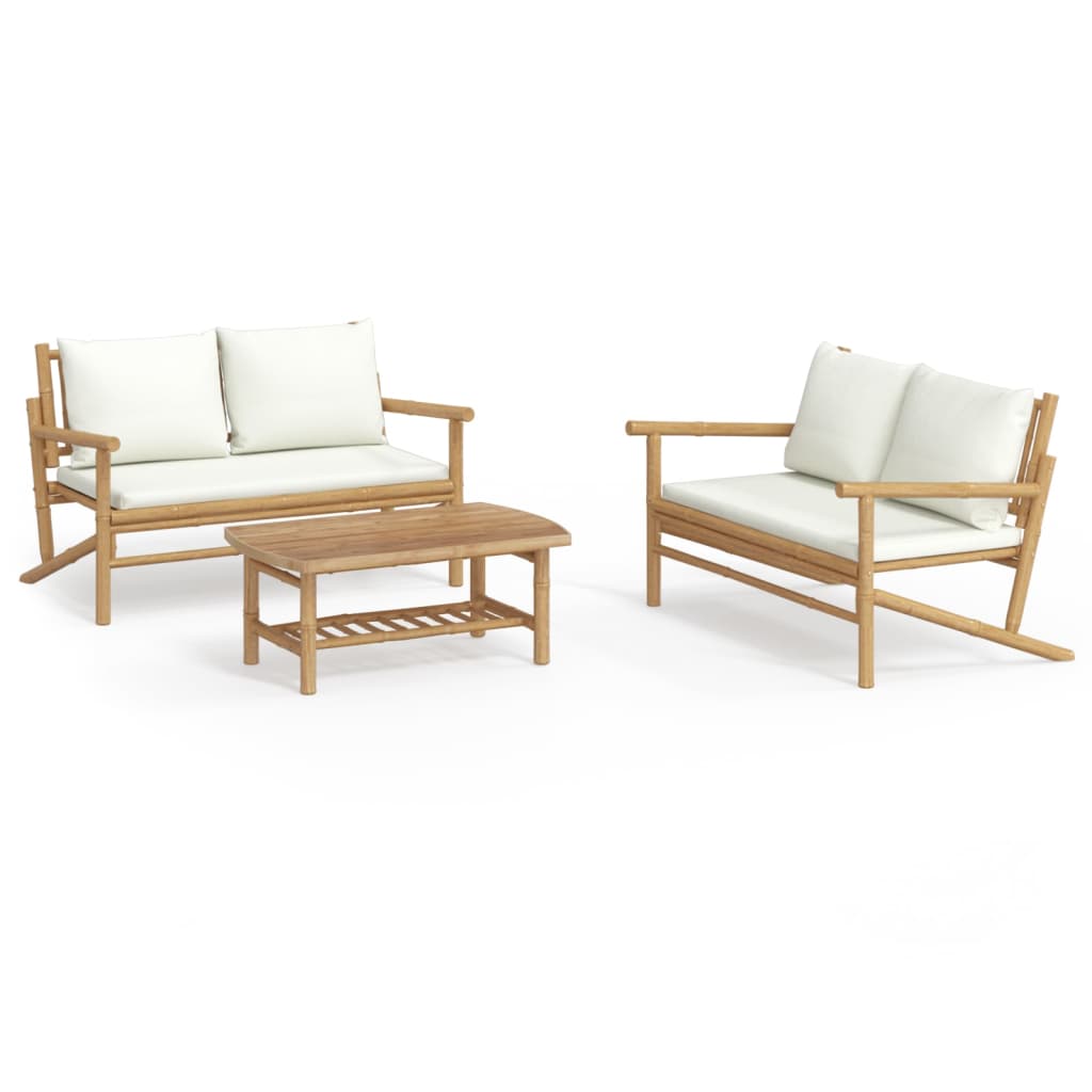 3 Piece Patio Lounge Set with Cream White Cushions Bamboo