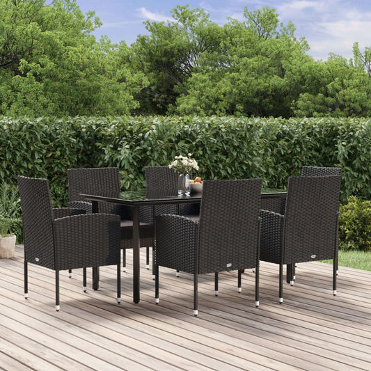 7 Piece Patio Dining Set with Cushions Black Poly Rattan