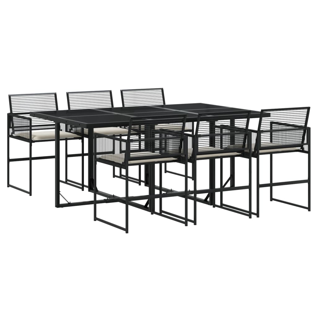 7 Piece Patio Dining Set with Cushions Black Poly Rattan