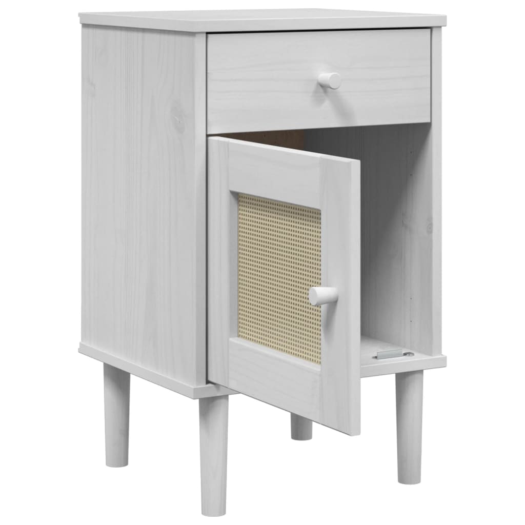 Bedside Cabinet SENJA Rattan Look White 15.7"x13.8"x25.6" Solid Wood Pine