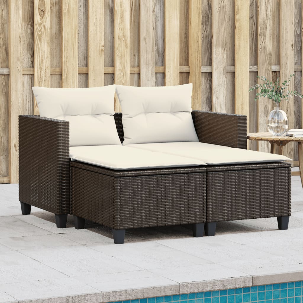 Patio Sofa 2-Seater with Stools Beige Poly Rattan