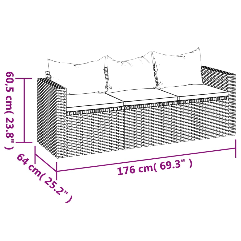 3-Seater Patio Sofa with Cushions Gray Poly Rattan