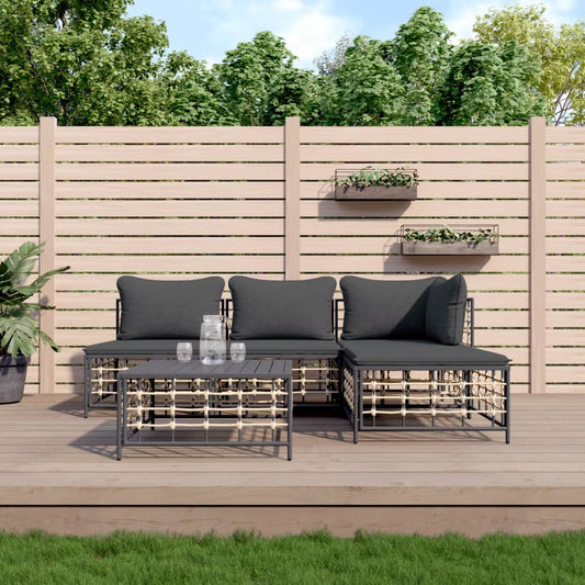 5 Piece Patio Lounge Set with Cushions Anthracite Poly Rattan