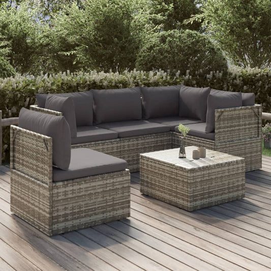 6 Piece Patio Lounge Set with Cushions Gray Poly Rattan