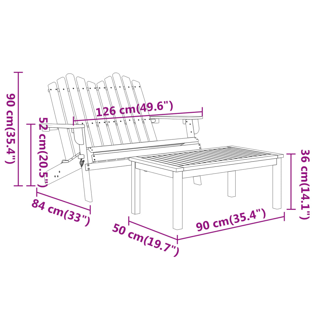 3 Piece Adirondack Patio Lounge Set Solid Wood Acacia