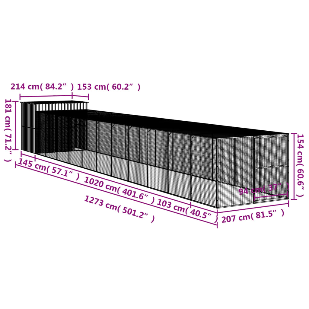 Dog House with Run Anthracite 84.3"x501.2"x71.3" Galvanized Steel