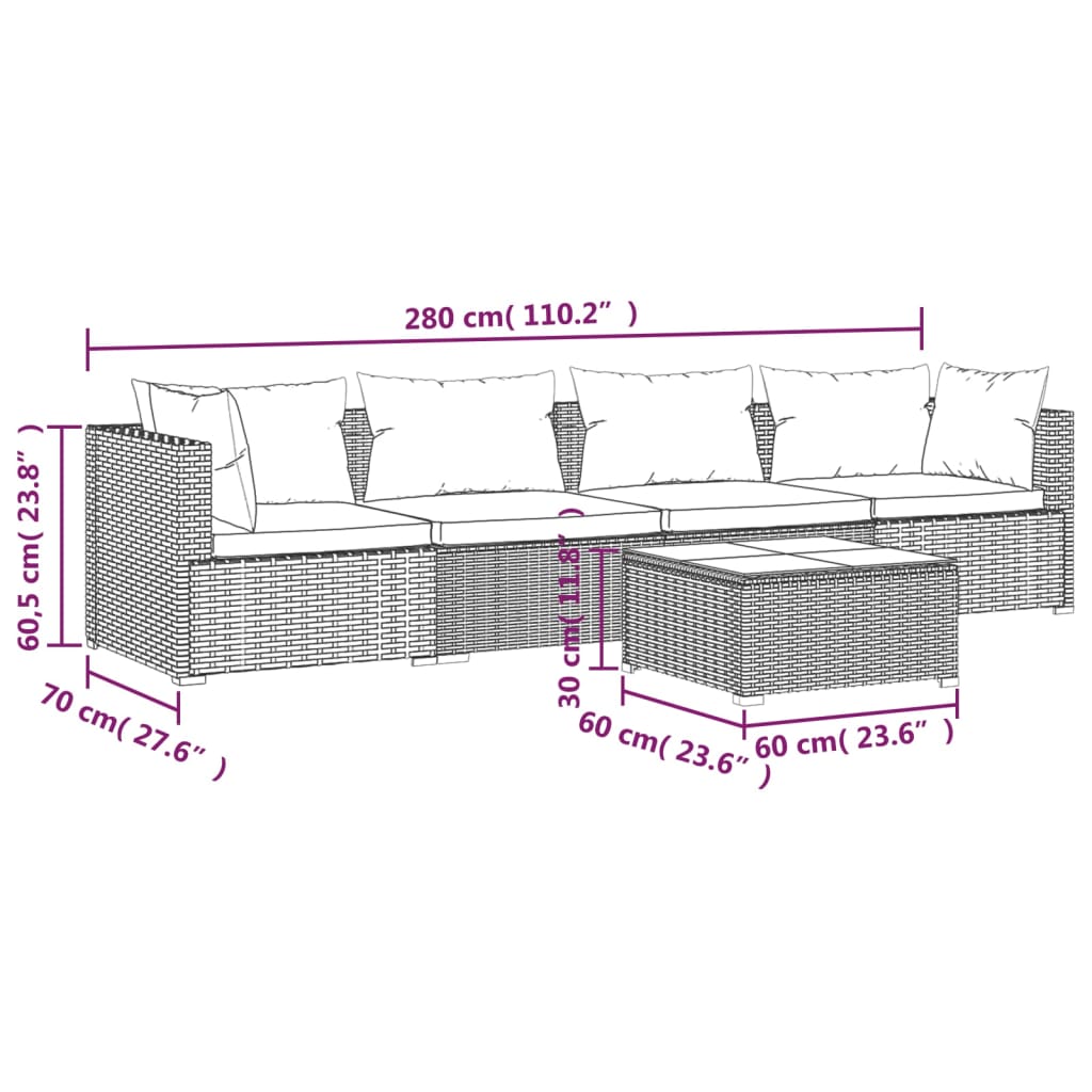 Patio Furniture Set 5 Piece with Cushions Poly Rattan Gray