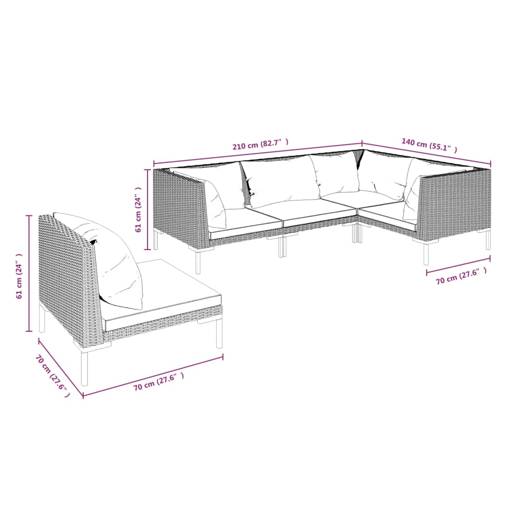 5 Piece Patio Lounge Set with Cushions Poly Rattan Dark Gray