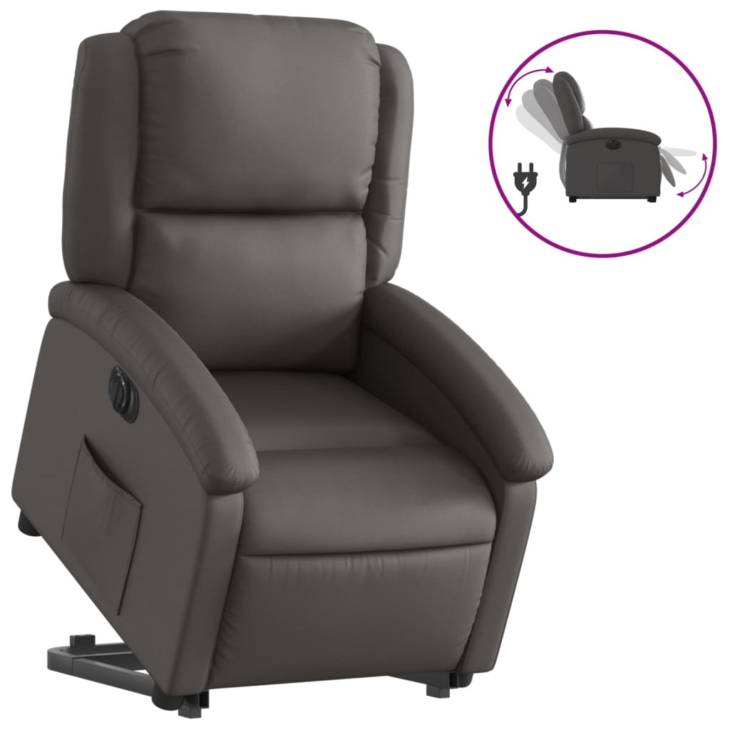 Electric Stand up Recliner Chair Gray Real Leather