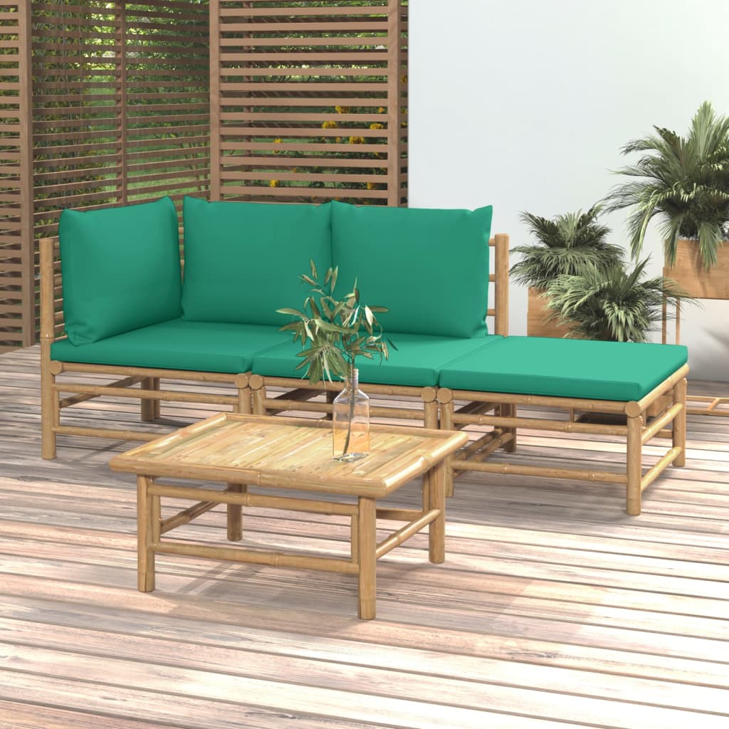 4 Piece Patio Lounge Set with Green Cushions Bamboo