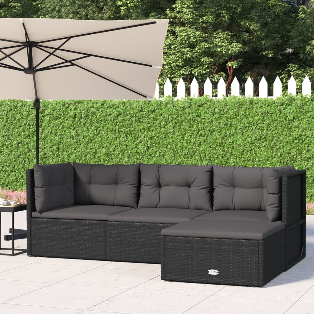 4 Piece Patio Lounge Set with Cushions Black Poly Rattan