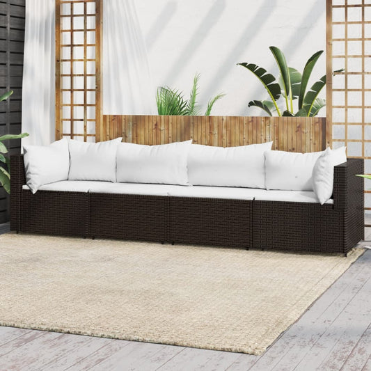 4 Piece Patio Lounge Set with Cushions Brown Poly Rattan