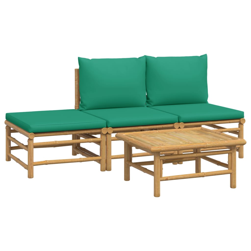 4 Piece Patio Lounge Set with Green Cushions Bamboo