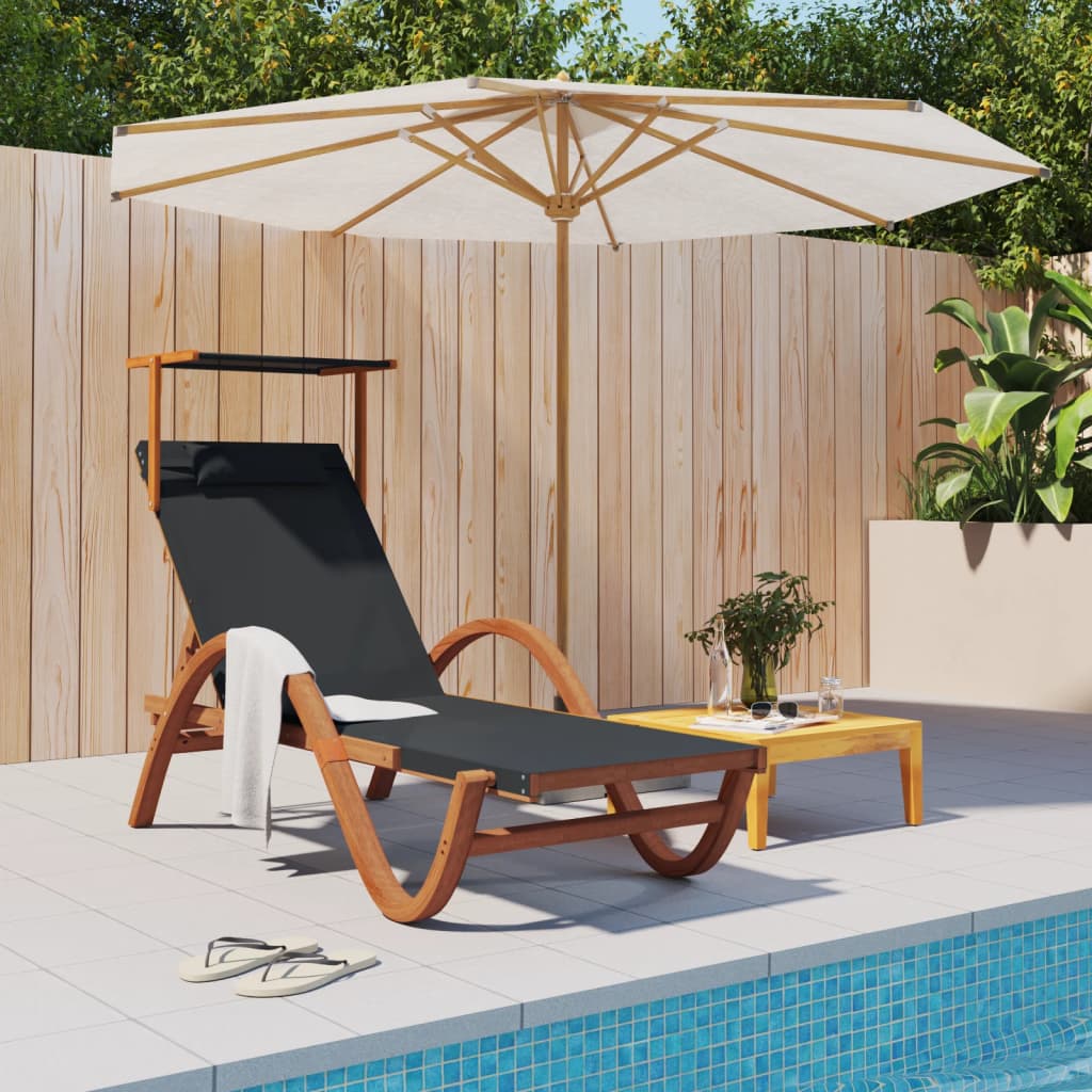 Sun Lounger with Canopy Gray Textilene and Solid Wood Poplar