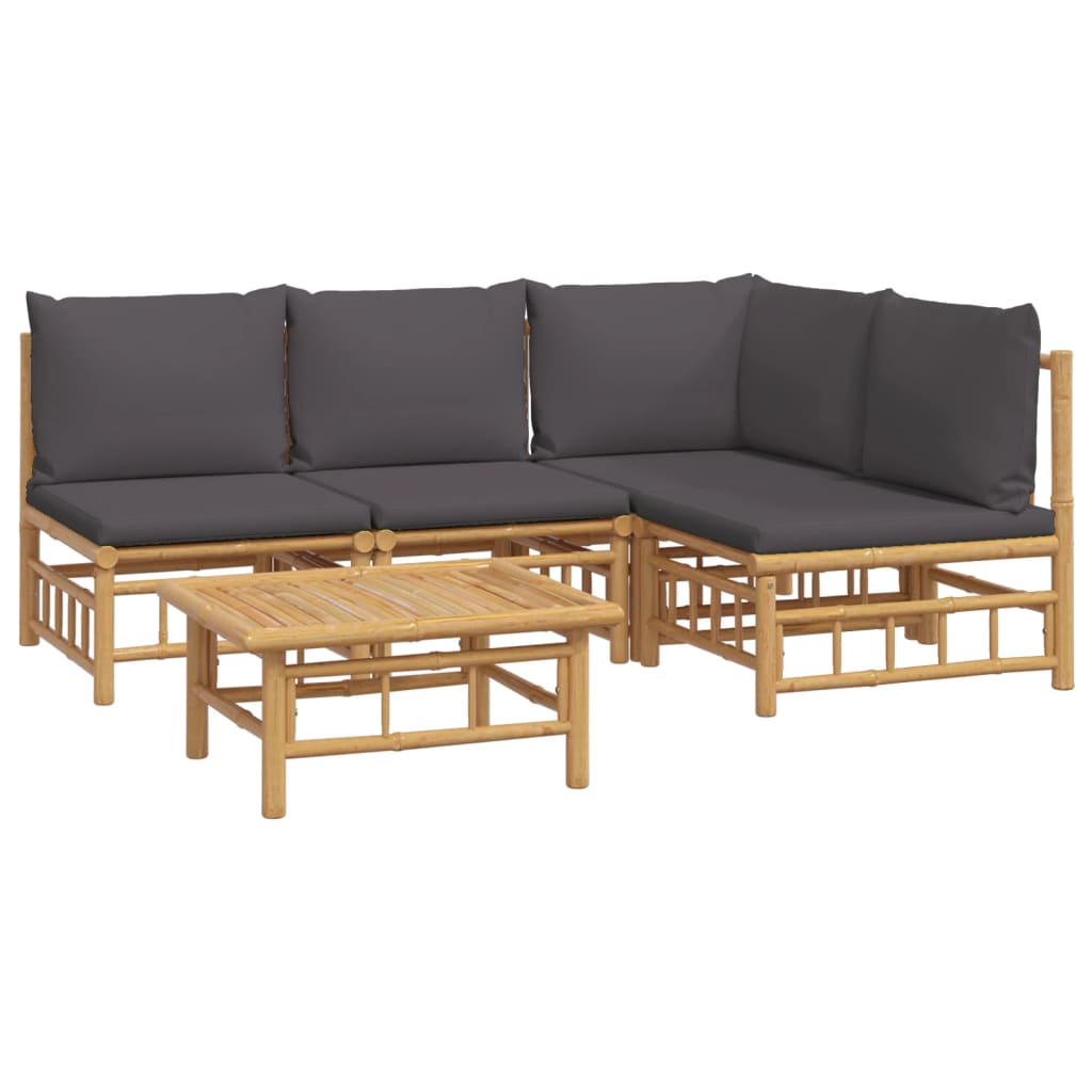 5 Piece Patio Lounge Set with Dark Gray Cushions Bamboo