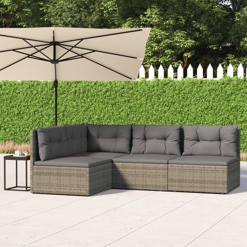 4 Piece Patio Lounge Set with Cushions Gray Poly Rattan