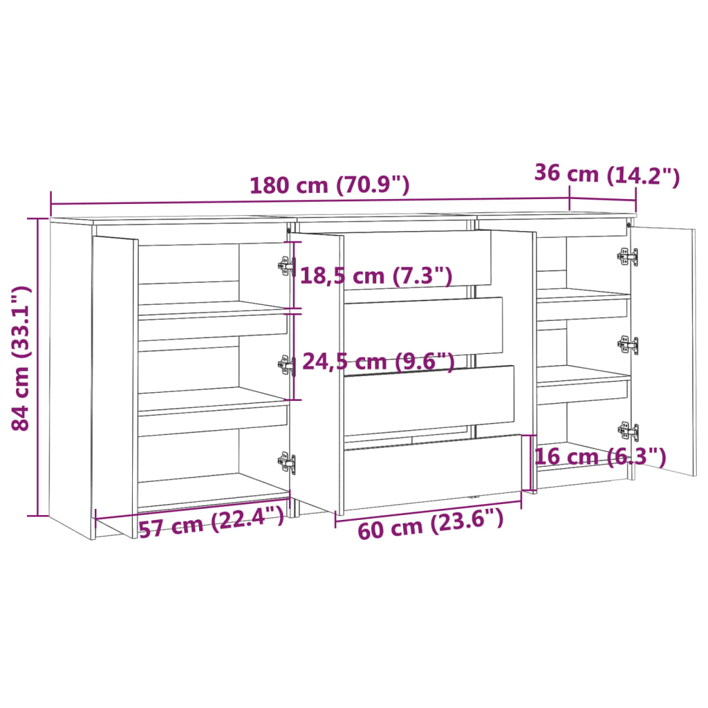 Side Cabinets 3 pcs Solid Wood Pine