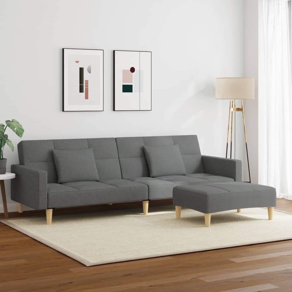 2-Seater Sofa Bed with Footstool Dark Gray Fabric