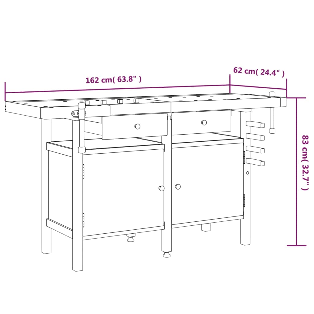 Workbench with Drawers and Vices 63.8"x24.4"x32.7" Solid Wood Acacia