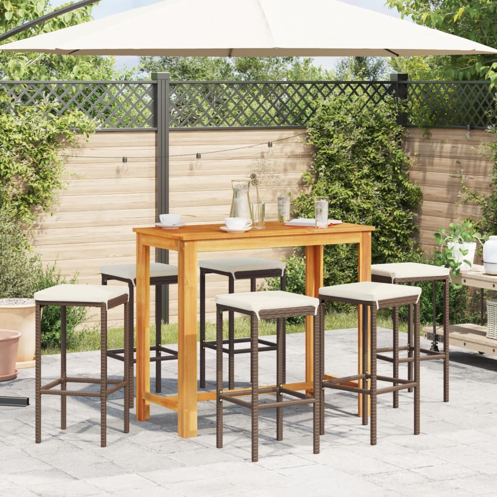 7 Piece Patio Bar Set Brown Solid Wood Acacia and Poly Rattan