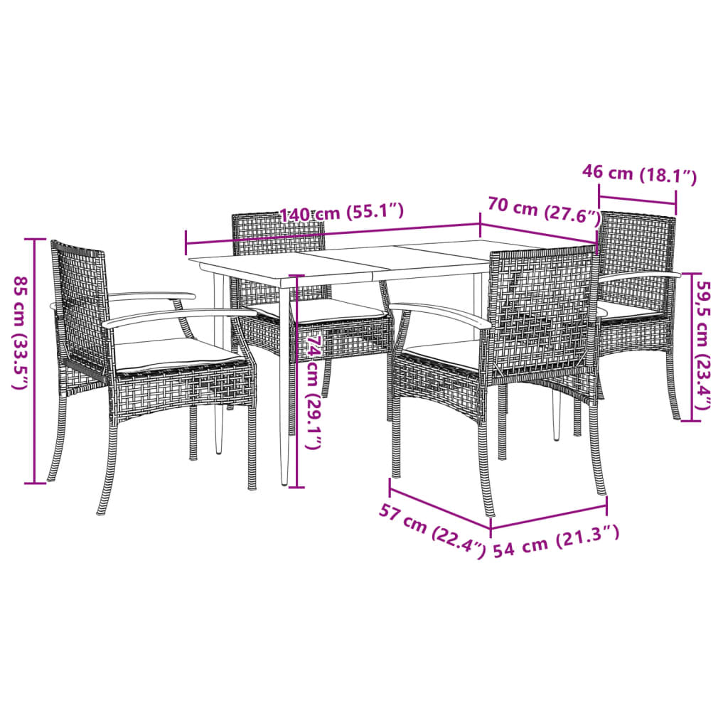 5 Piece Patio Dining Set with Cushions Gray Poly Rattan