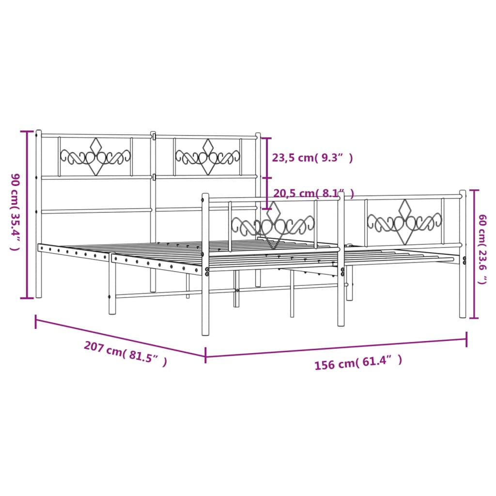 Metal Bed Frame without Mattress with Footboard White 59.1"x78.7"