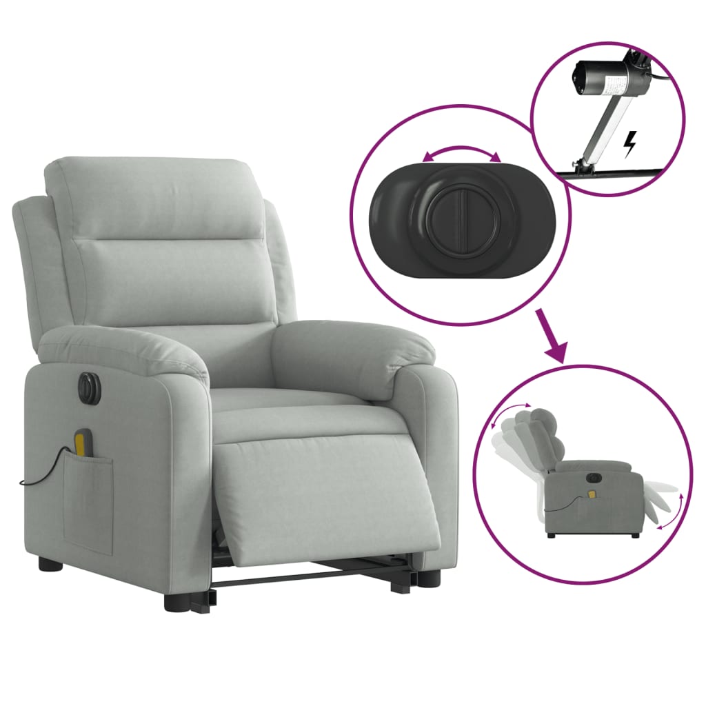 Electric Stand up Massage Recliner Chair Light Gray Velvet