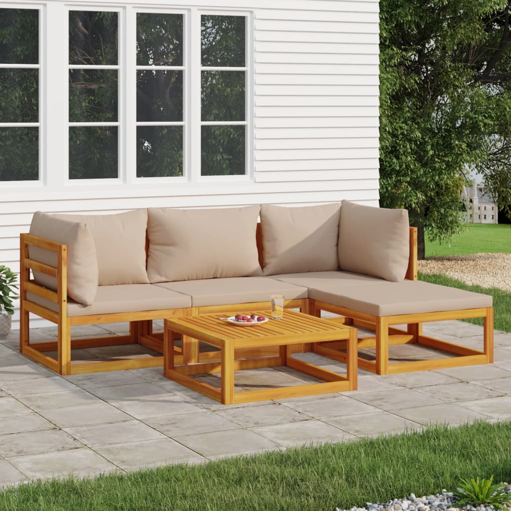 5 Piece Patio Lounge Set with Taupe Cushions Solid Wood