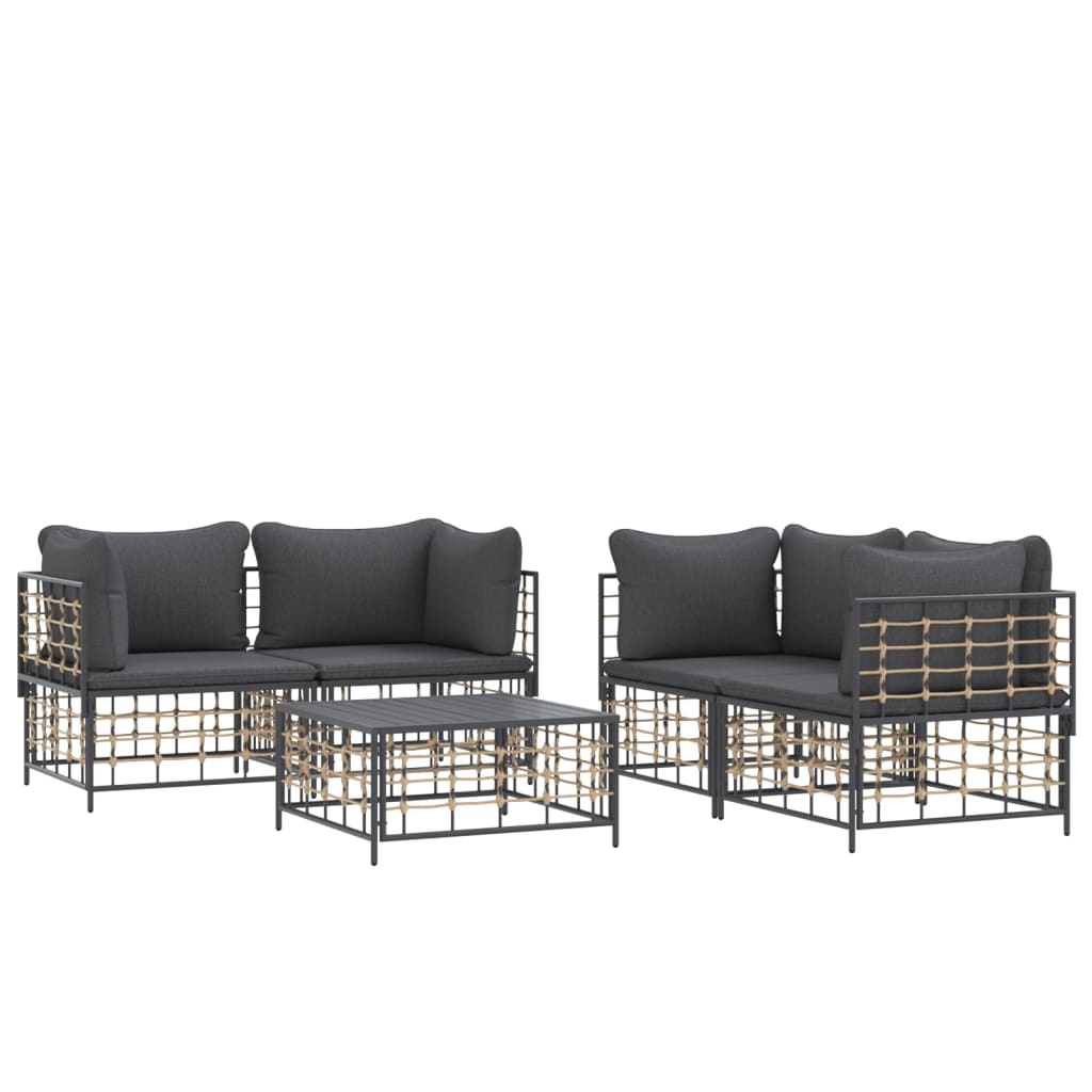 5 Piece Patio Lounge Set with Cushions Anthracite Poly Rattan