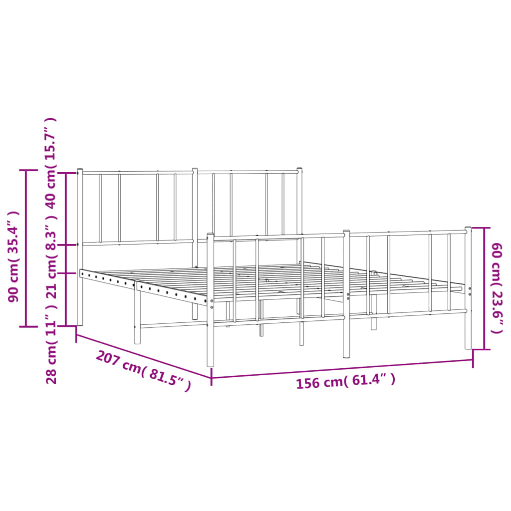 Metal Bed Frame without Mattress with Footboard White 59.1"x78.7"