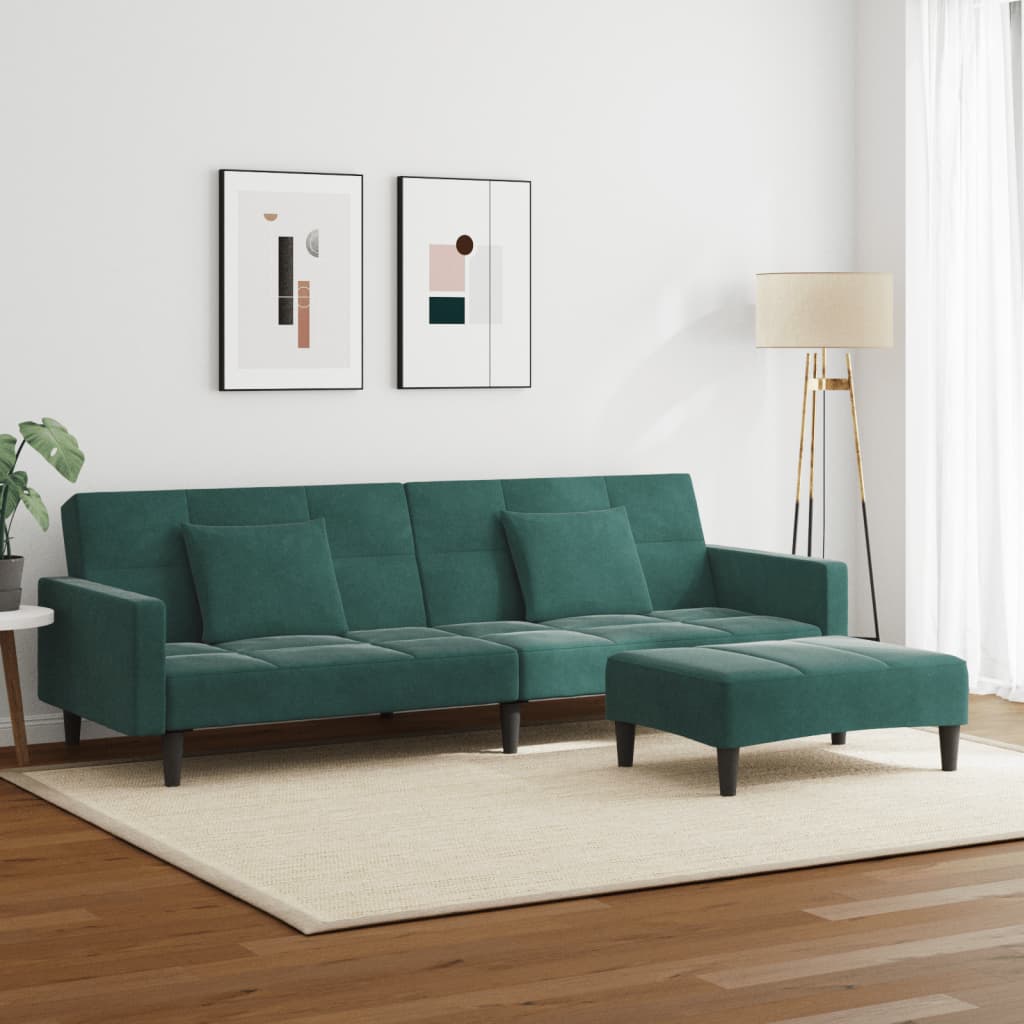 2-Seater Sofa Bed with Footstool Dark Green Velvet