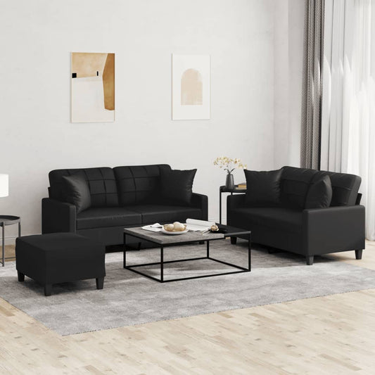 3 Piece Sofa Set with Pillows Black Faux Leather