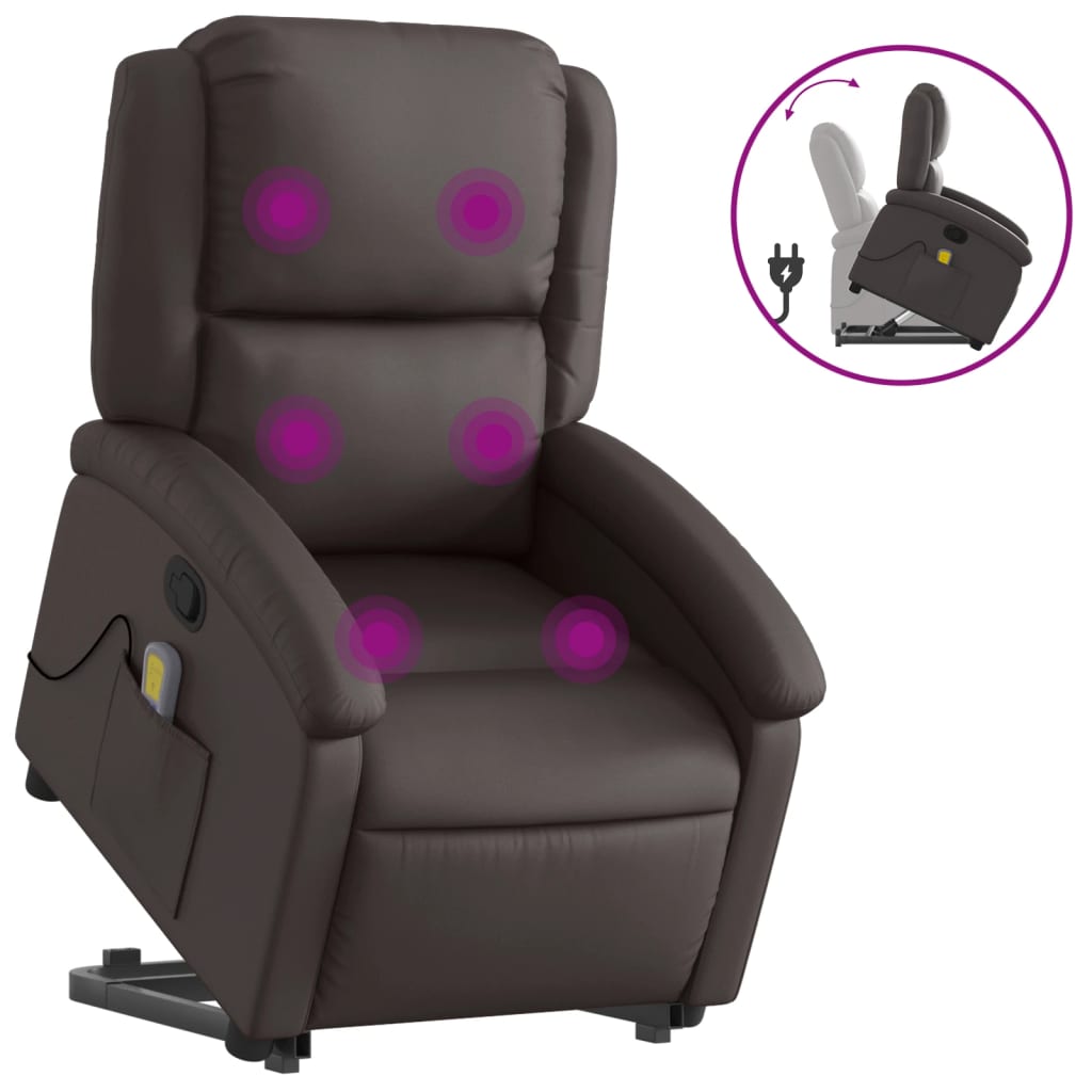 Stand up Massage Recliner Chair Dark Brown Real Leather