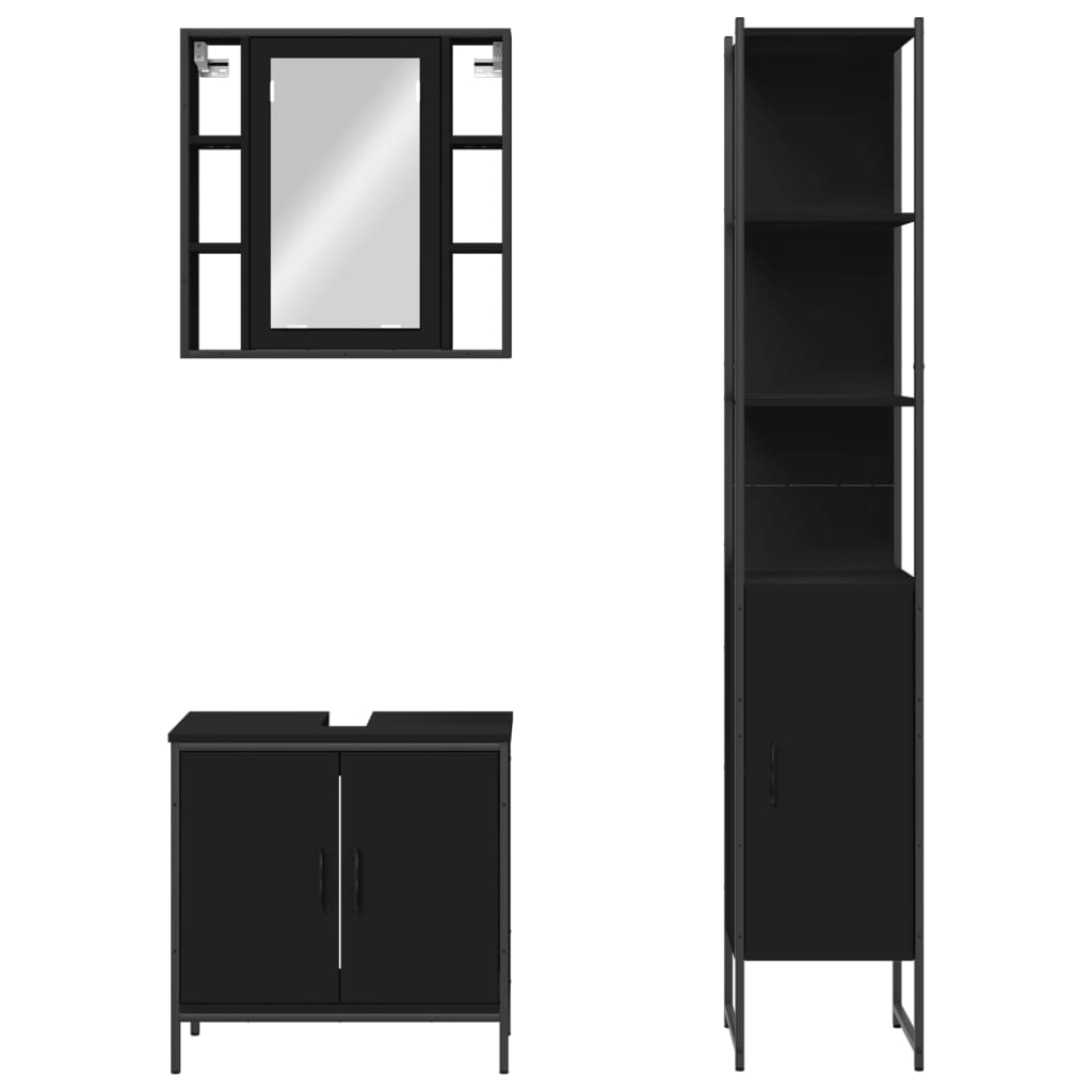 3 Piece Bathroom Cabinet Set Black Engineered Wood