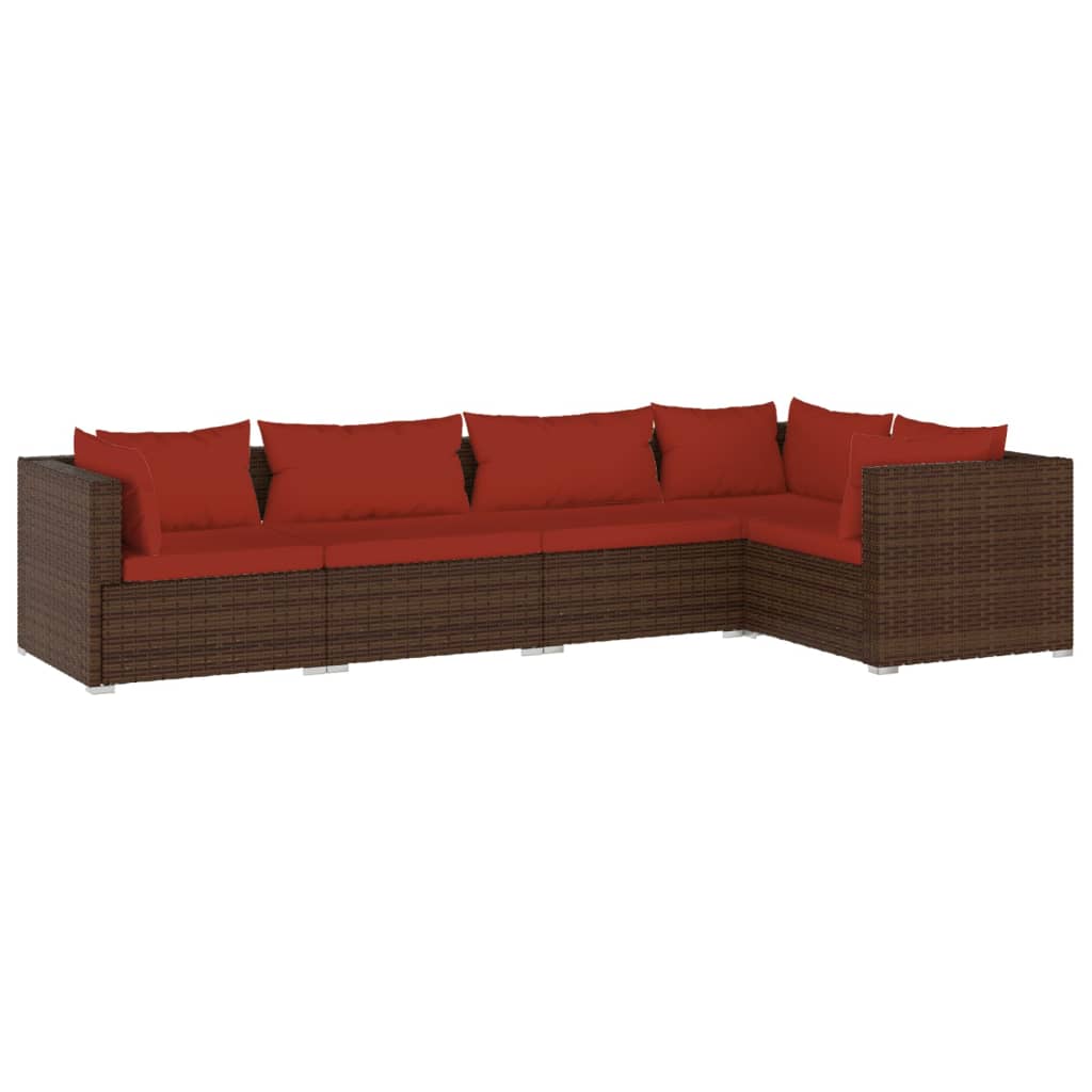 5 Piece Patio Lounge Set with Cushions Poly Rattan Brown