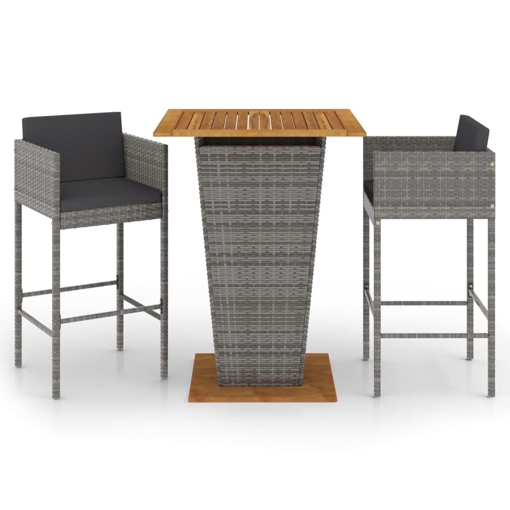 3 Piece Patio Bar Set with Cushions Poly Rattan Gray