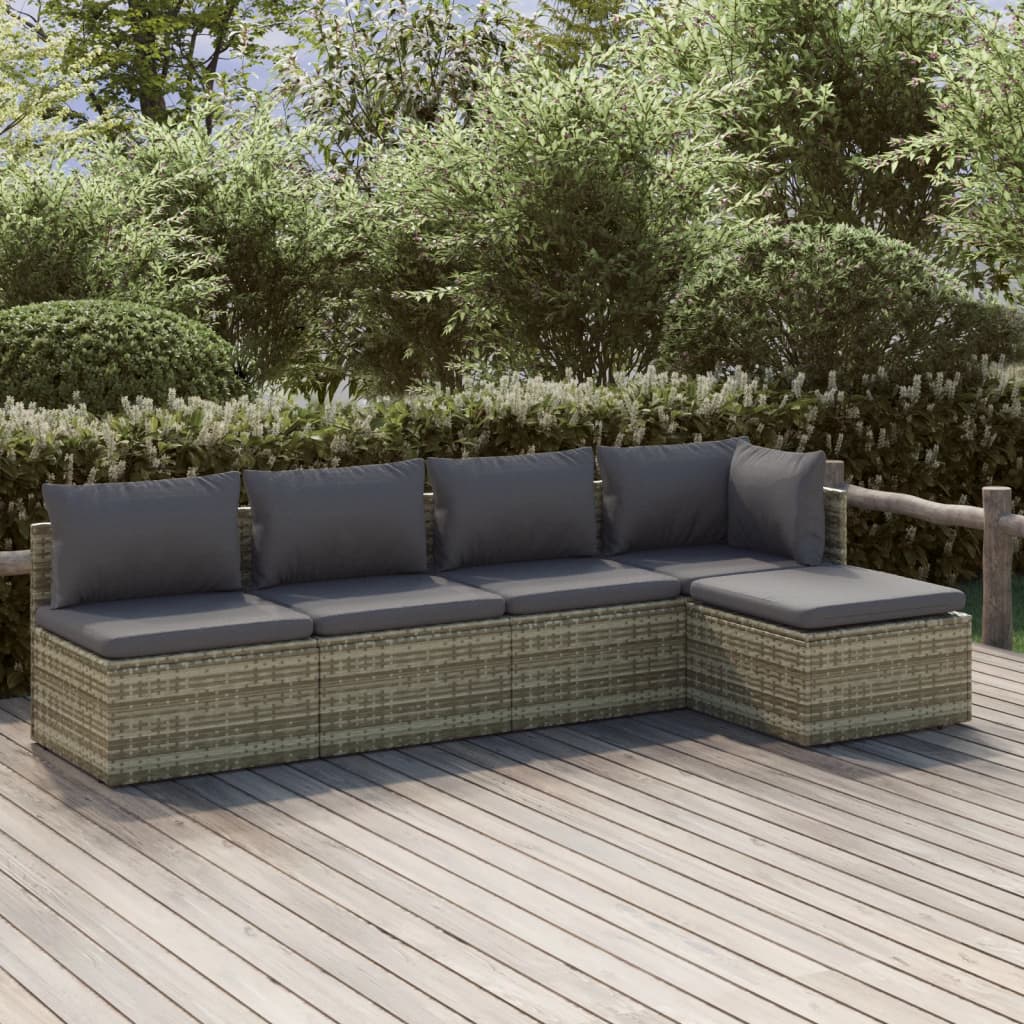 5 Piece Patio Lounge Set with Cushions Gray Poly Rattan