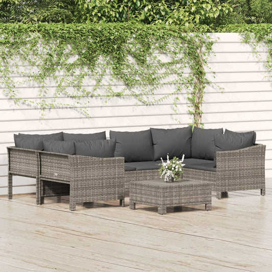 7 Piece Patio Lounge Set with Cushions Gray Poly Rattan