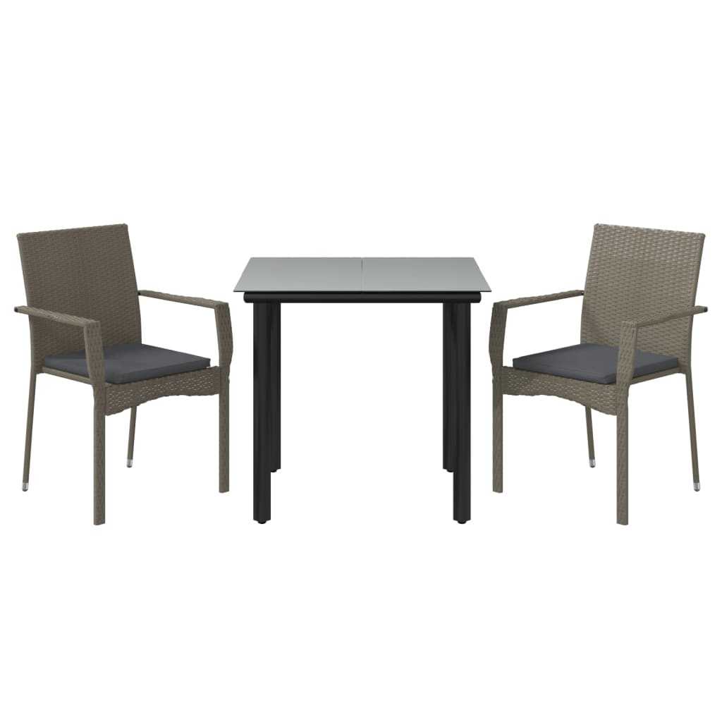 3 Piece Patio Dining Set with Cushions Black and Gray Poly Rattan