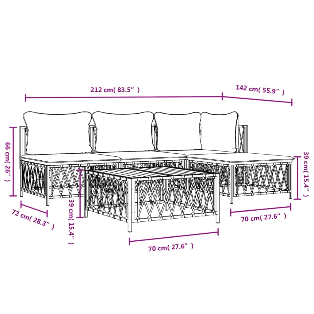 5 Piece Patio Lounge Set with Cushions White Steel