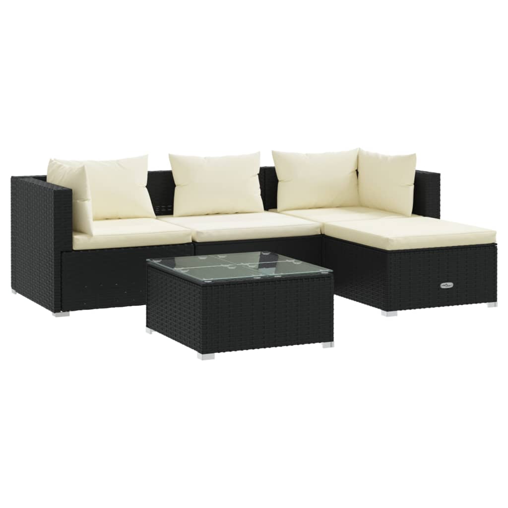 5 Piece Patio Lounge Set with Cushions Poly Rattan Black