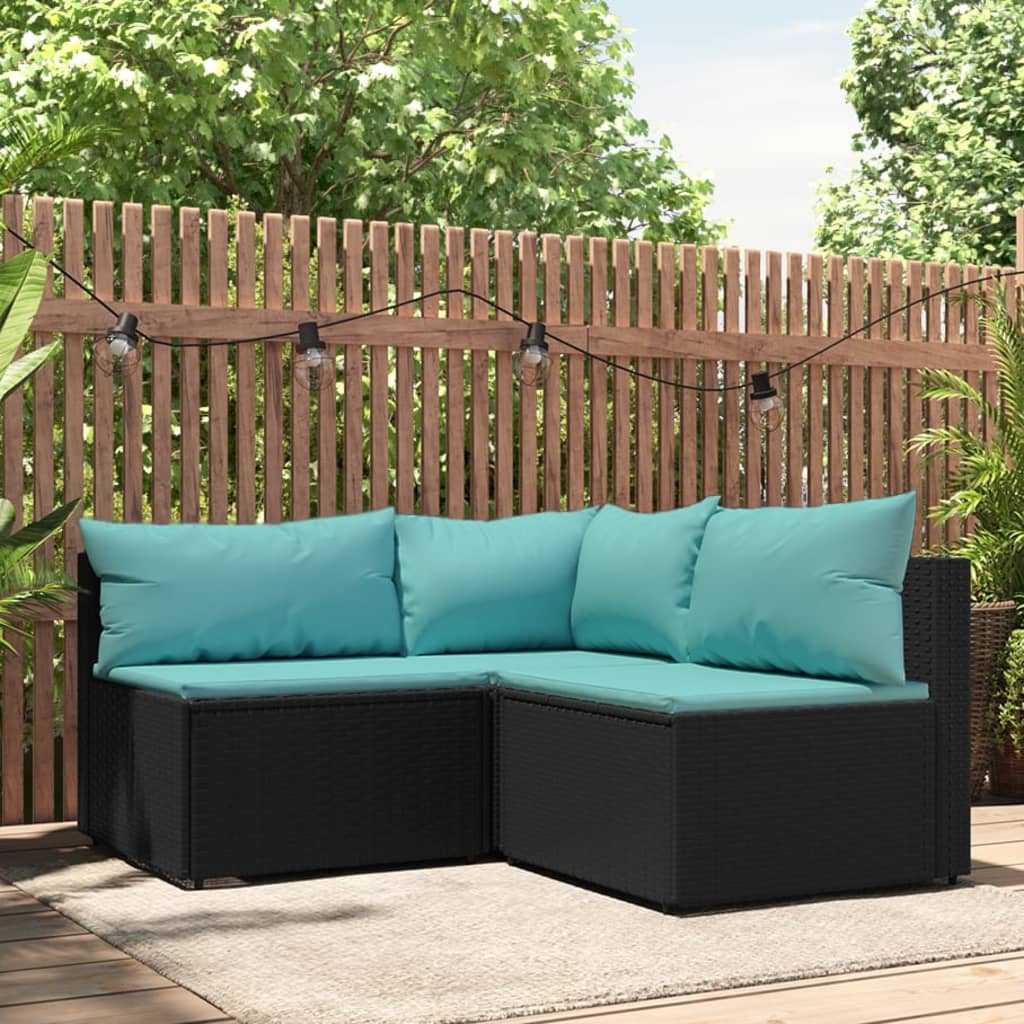 3 Piece Patio Lounge Set with Cushions Black Poly Rattan