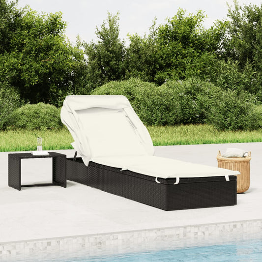 Sunbed with Foldable Roof Black 83.9"x24.8"x38.2" Poly Rattan