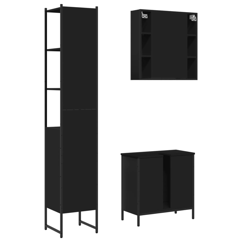 3 Piece Bathroom Cabinet Set Black Engineered Wood