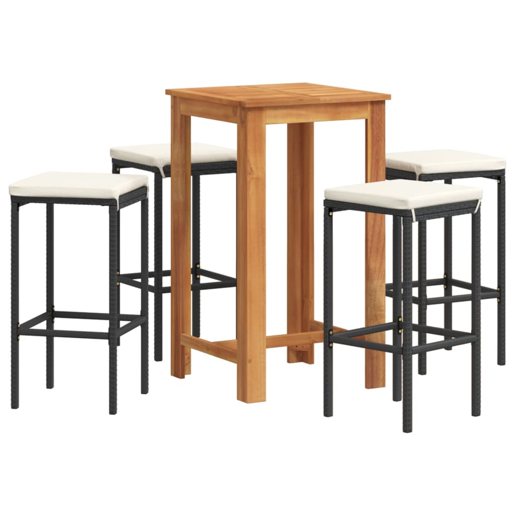 5 Piece Patio Bar Set Black Solid Wood Acacia and Poly Rattan