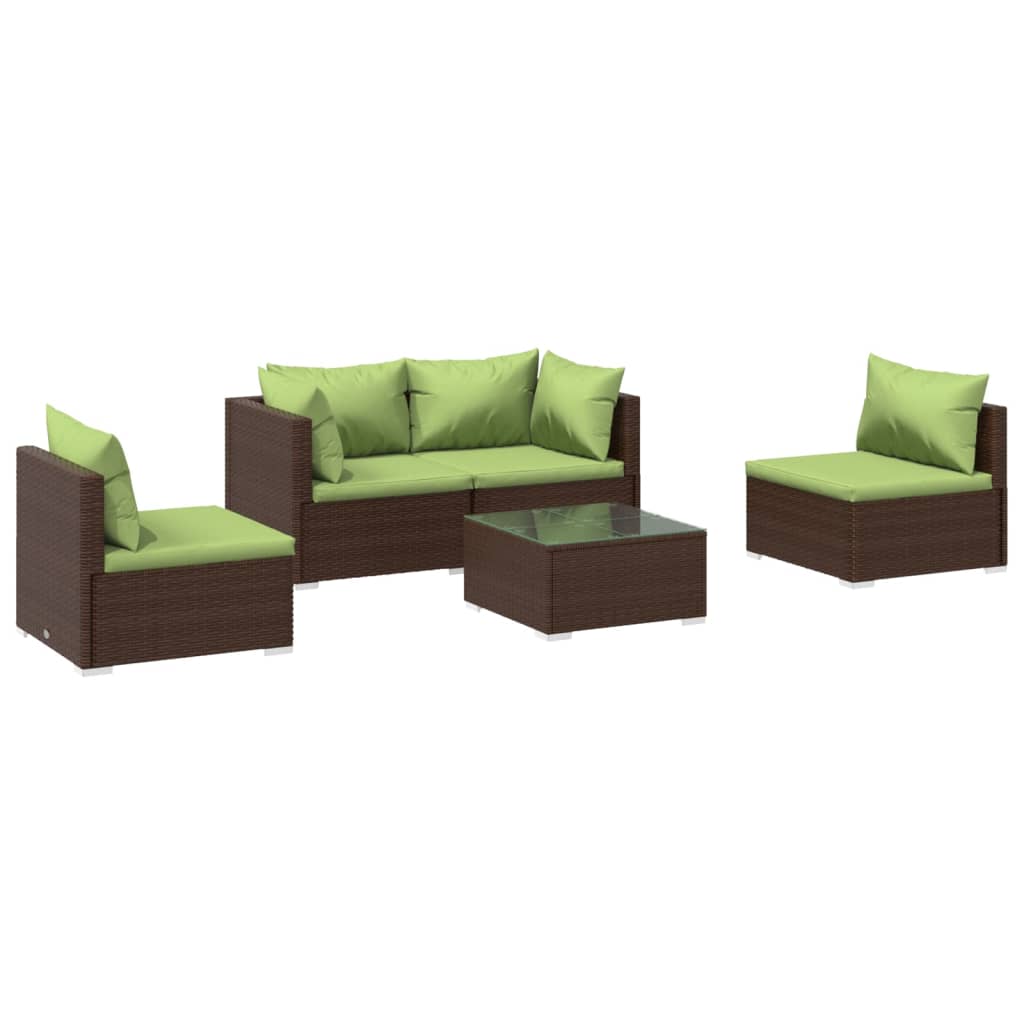 5 Piece Patio Lounge Set with Cushions Poly Rattan Brown