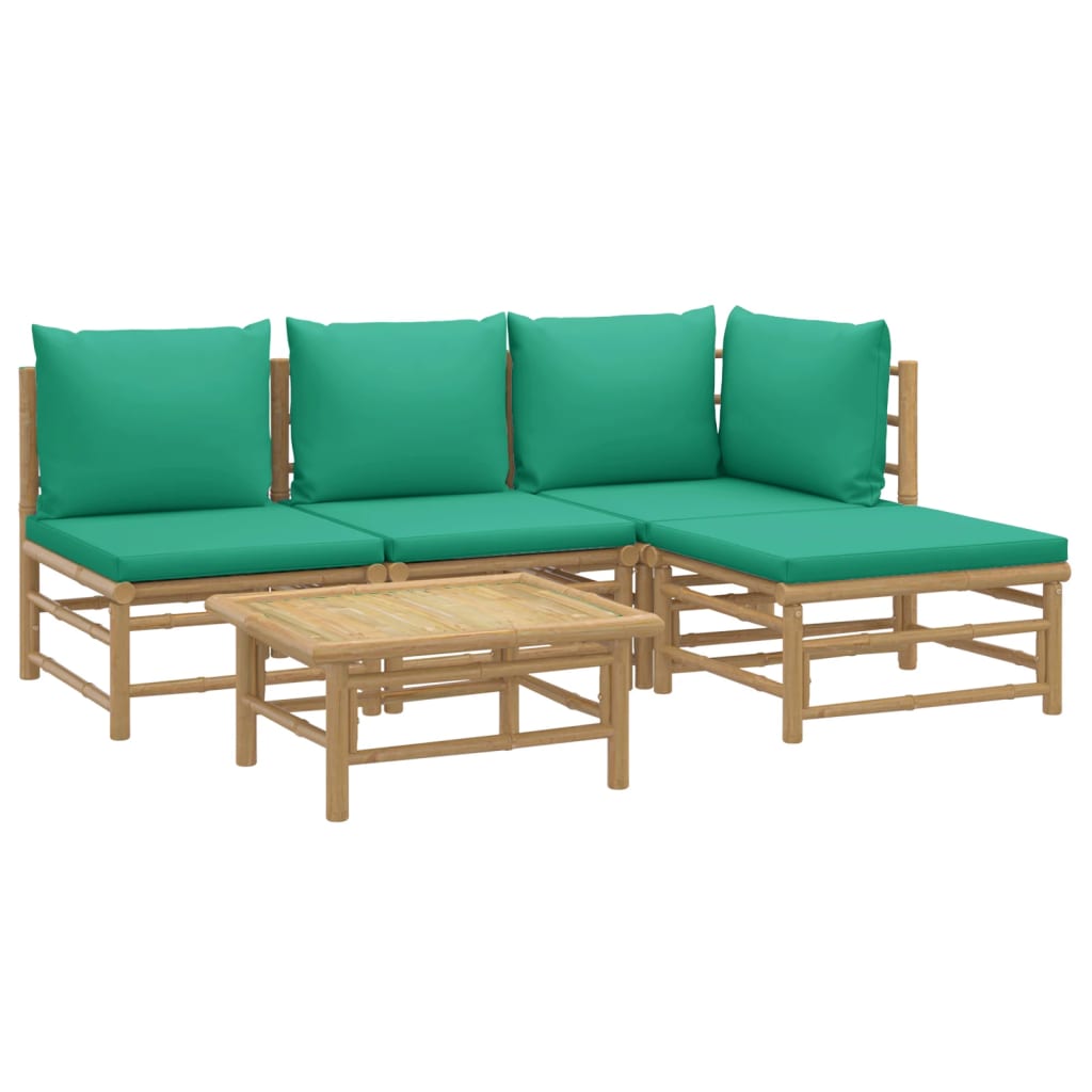 5 Piece Patio Lounge Set with Green Cushions Bamboo