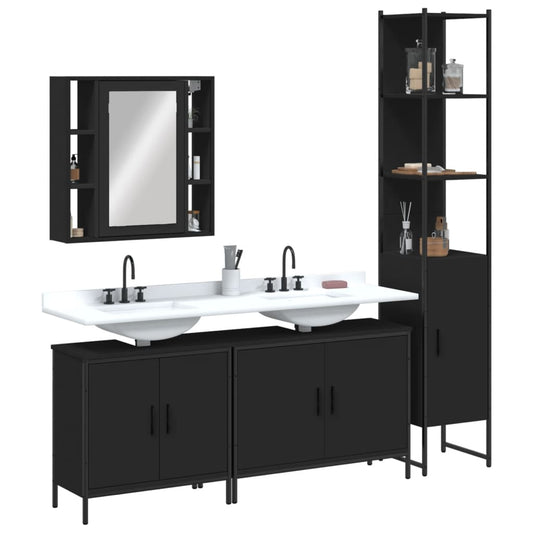 4 Piece Bathroom Cabinet Set Black Engineered Wood