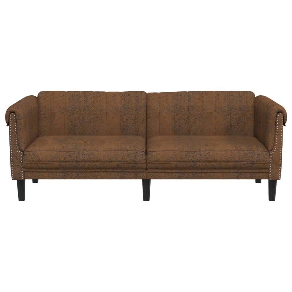 Sofa 3-Seater Brown Faux Suede Leather